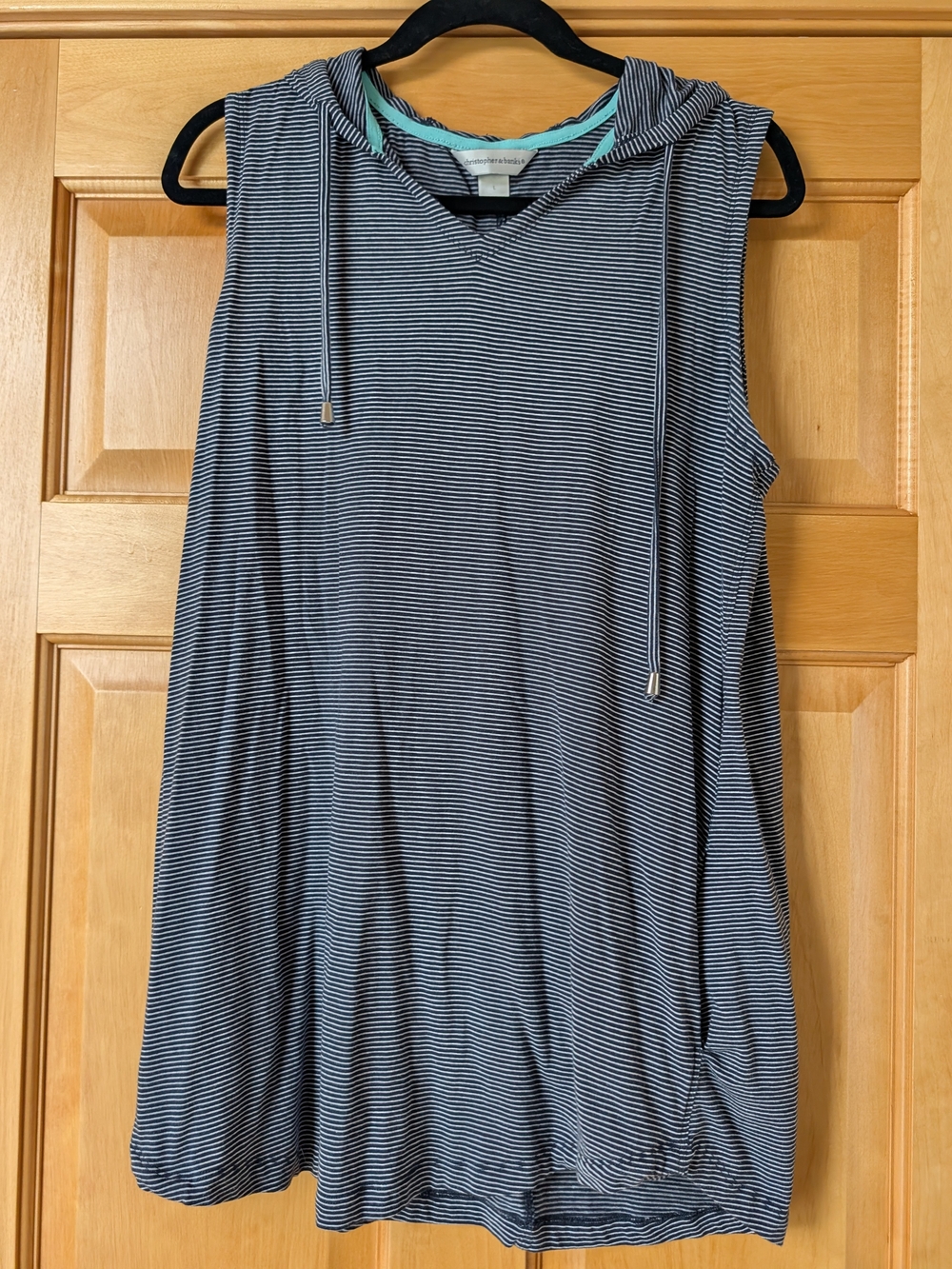 Sleeveless Hooded Striped Tank Top Tunic Length- Navy & White